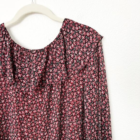 [LOFT] Red Black Floral Print Ruffle Neck Long Sleeve V-Neck Blouse Size Large L - Picture 7 of 11